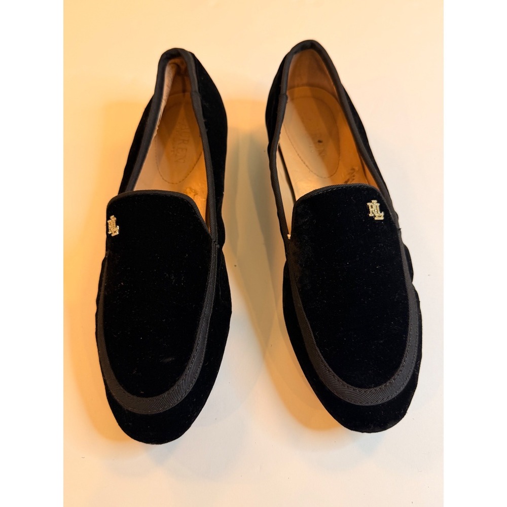 Lauren Ralph Lauren Black Velvet Smoking Loafers Gold Monogram Flats 9.5B